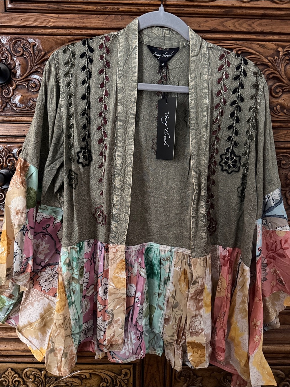 Vintage-Inspired Olive Embroidered Patchwork Tunic - Young Threads
